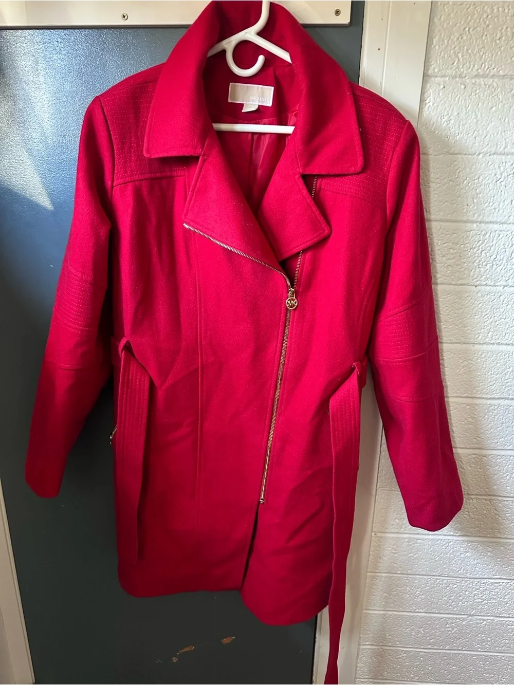 Michael Kors Vibrant Red Asymmetrical Zip Trench Coat